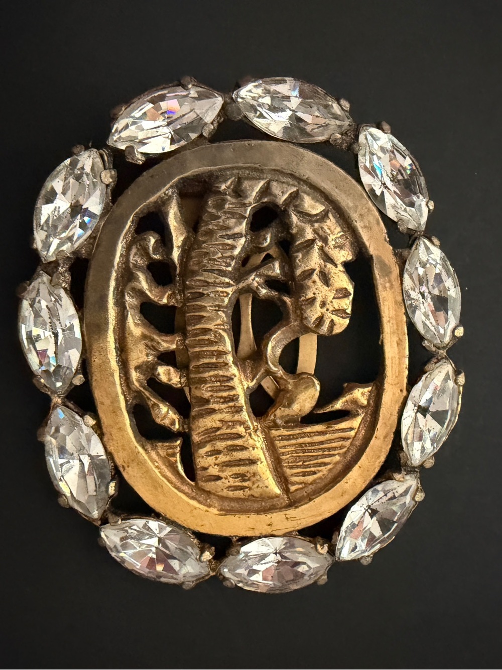 Vintage Egyptian Revival Rhinestone Dress Clip Sphinx Palm Tree Art Deco Style